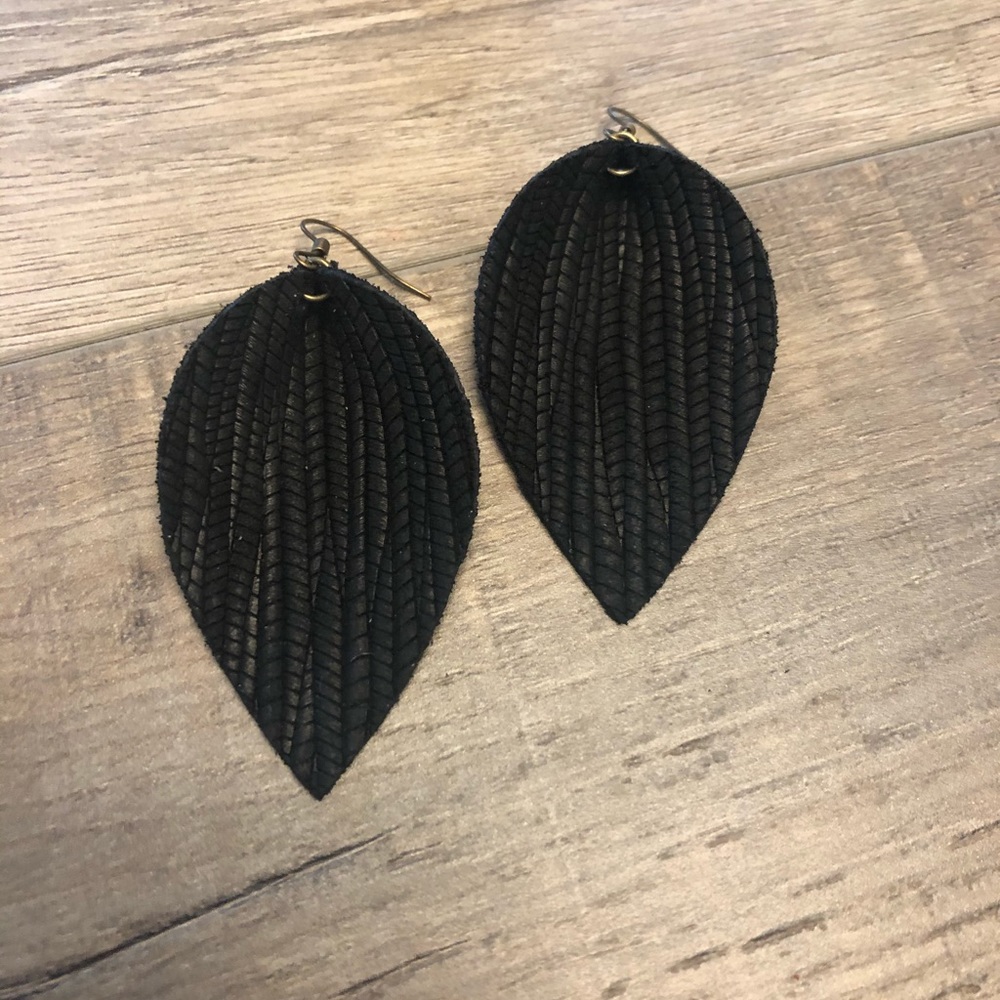 Black Palm Leaf Leather Earrings